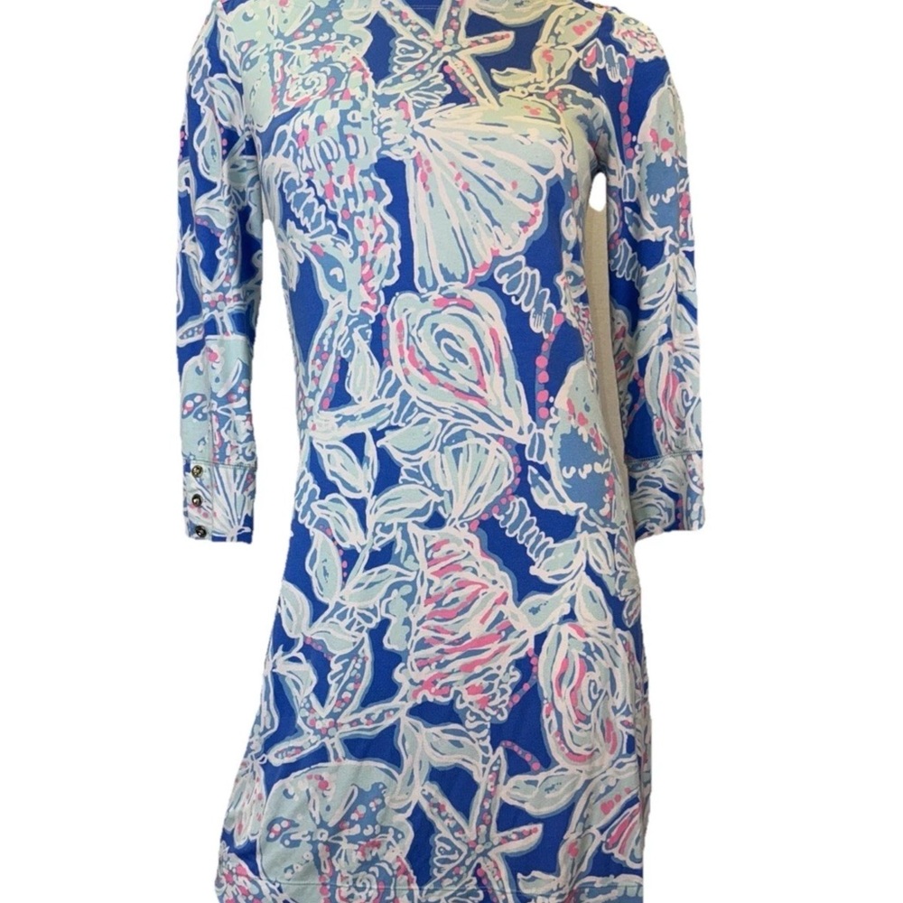 Sea-Inspired Blue Shift Dress with Pink & Cream Print